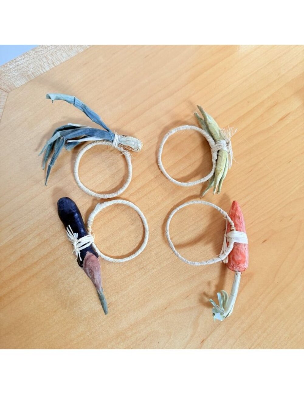 Set Four Napkin Rings Carrots Vegetables Onions Eggplant Pepper Farmhouse Picnic